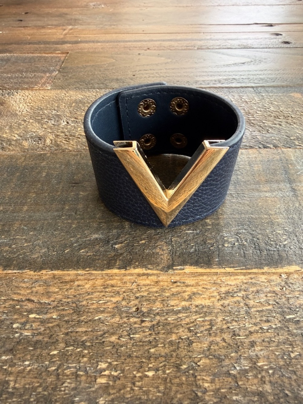 Gold V Navy Wide Leather Cuff Bracelet